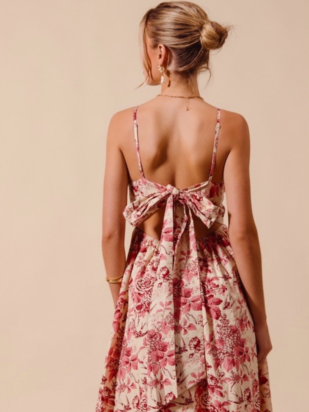 Boutique Floral Woven V-Neck Midi Dress Bow Back Tie M NWT